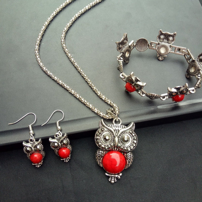Vintage Turquoise Owl Necklace Earrings Bracelet (3-Piece Jewelry Set)