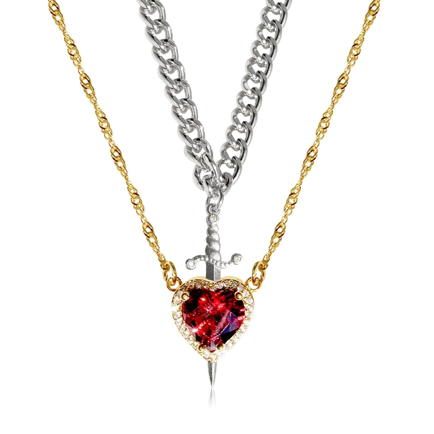 Crystal Heart and Sword Necklace Set (Stainless Steel)