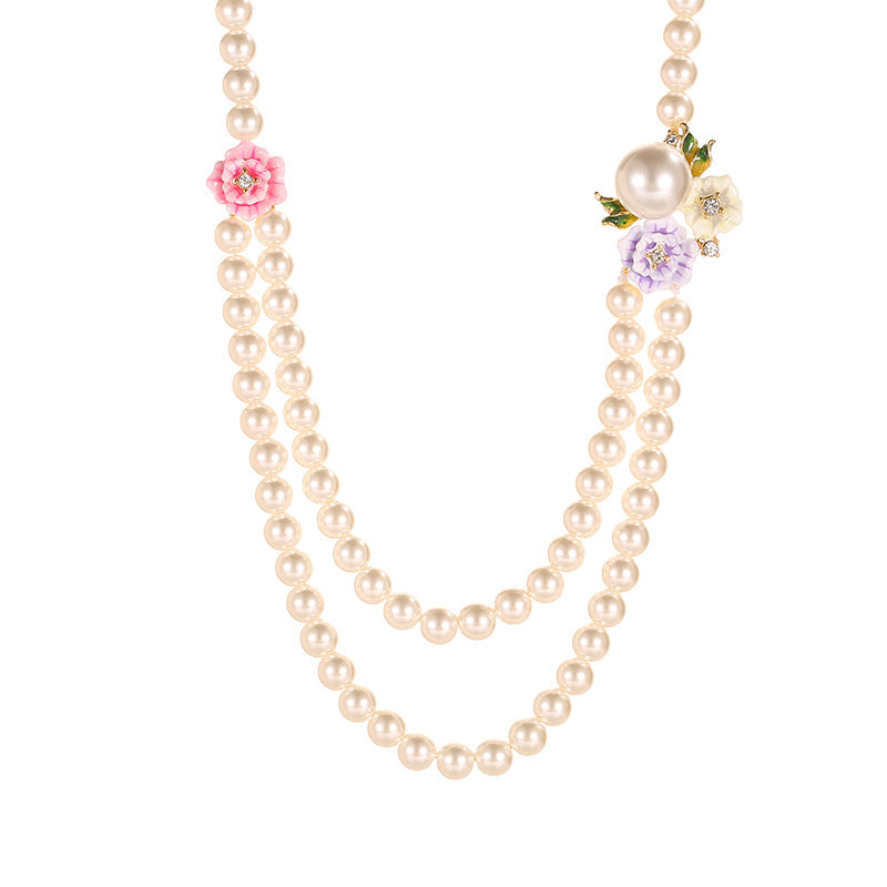 Enamel Glaze Diamond Double-Layer Pearl Necklace