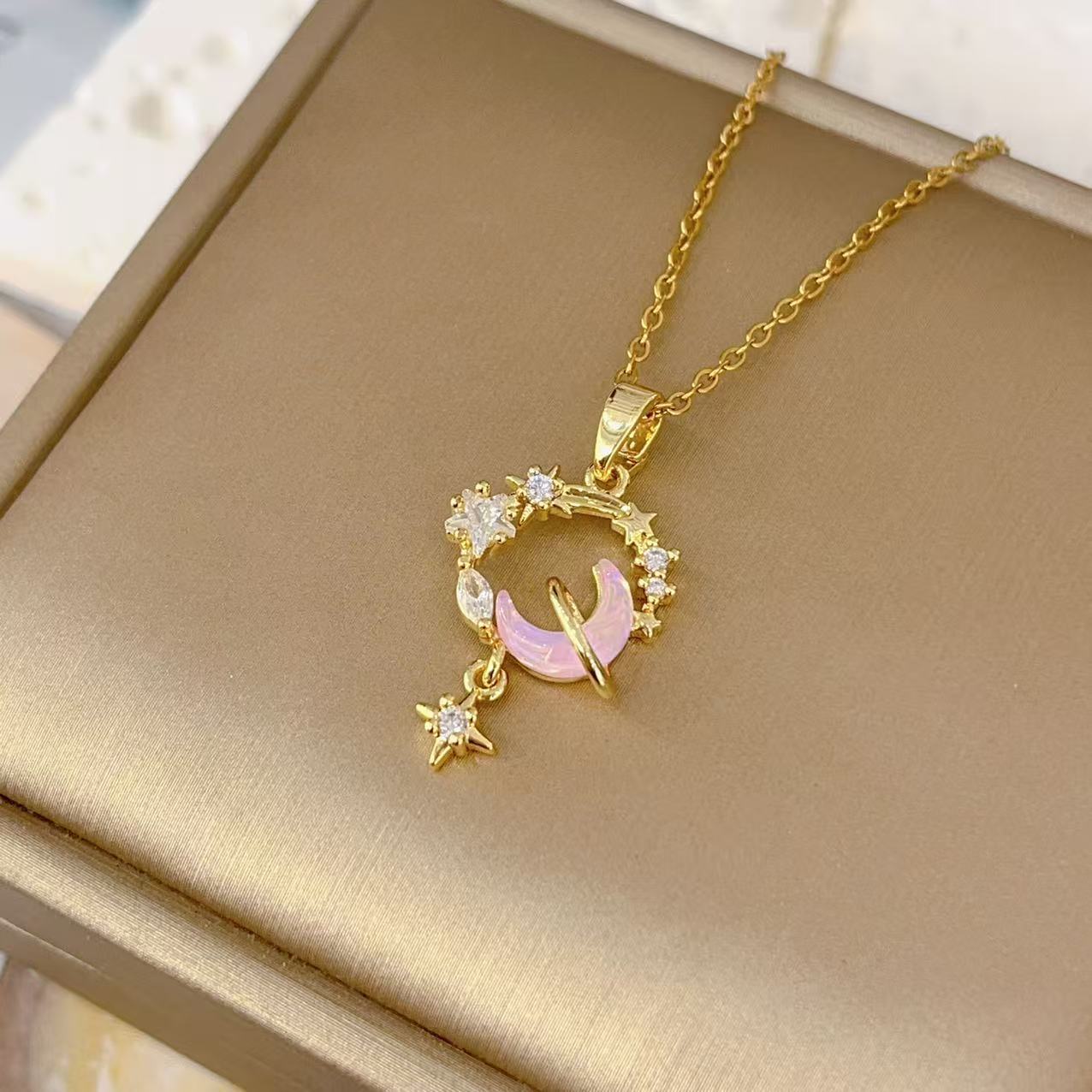 Micro Zirconium Moon Ring Necklace