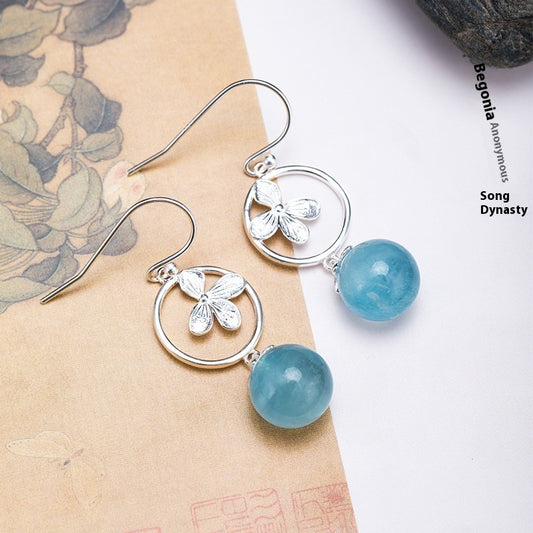 S925 Silver Fashion Flower Aquamarine Earrings