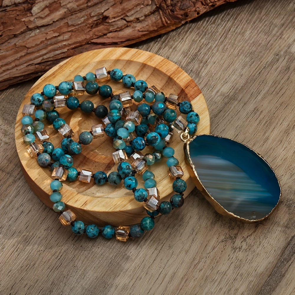 Bohemian Style 6mm Natural Stone Glass Knotted Striped Agate Water Drop Pendant Necklace