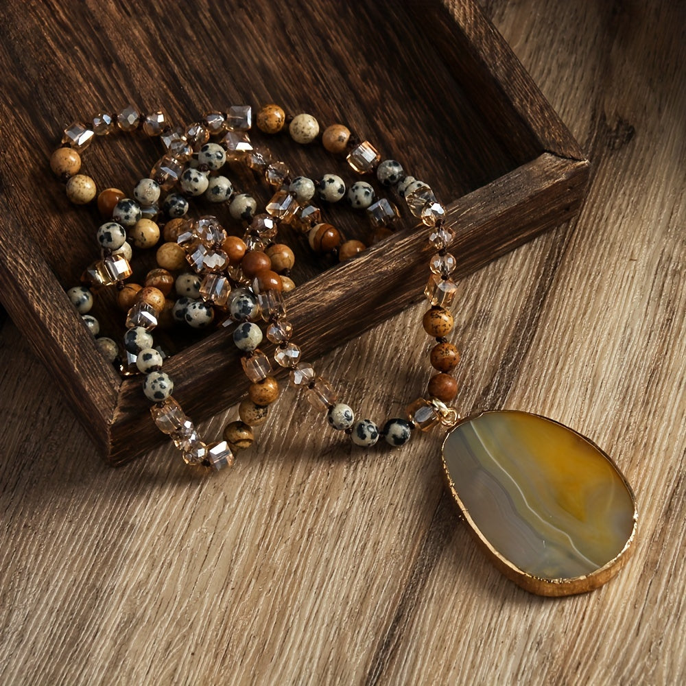 Bohemian Style 6mm Natural Stone Glass Knotted Striped Agate Water Drop Pendant Necklace