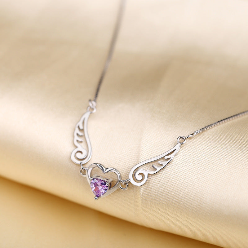 Angel Wings Romantic Purple Crystal Heart Necklaces