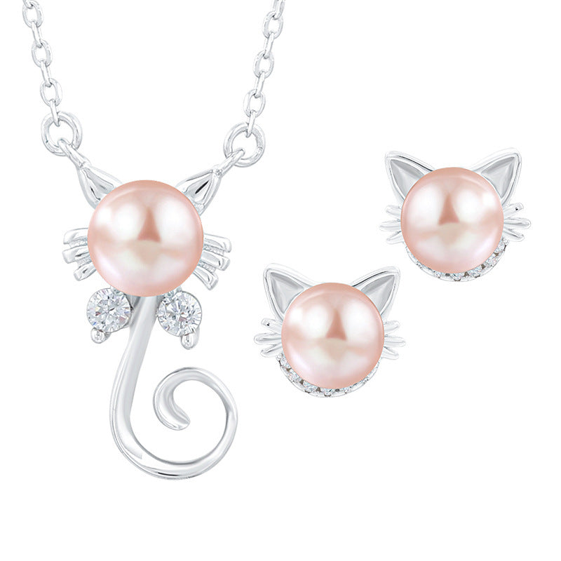Cat Pendant 925 Sterling Silver Jewelry Set