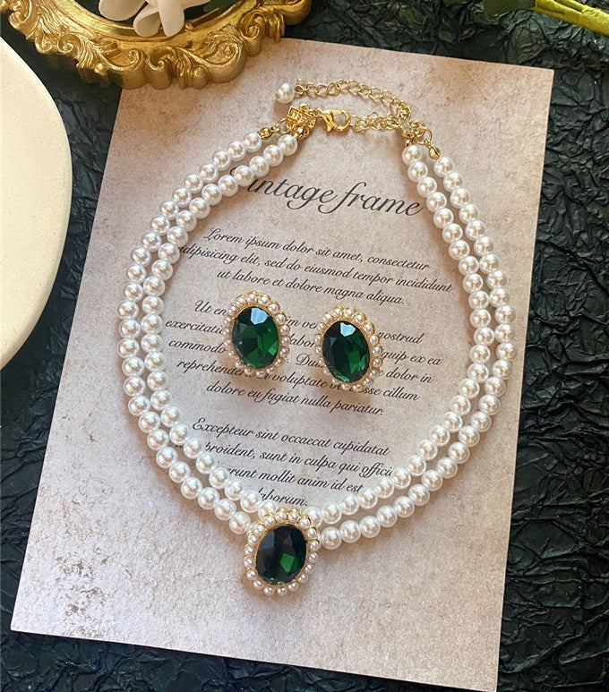 Vintage Oval Emerald Pearl Clavicle Chain Jewelry Set