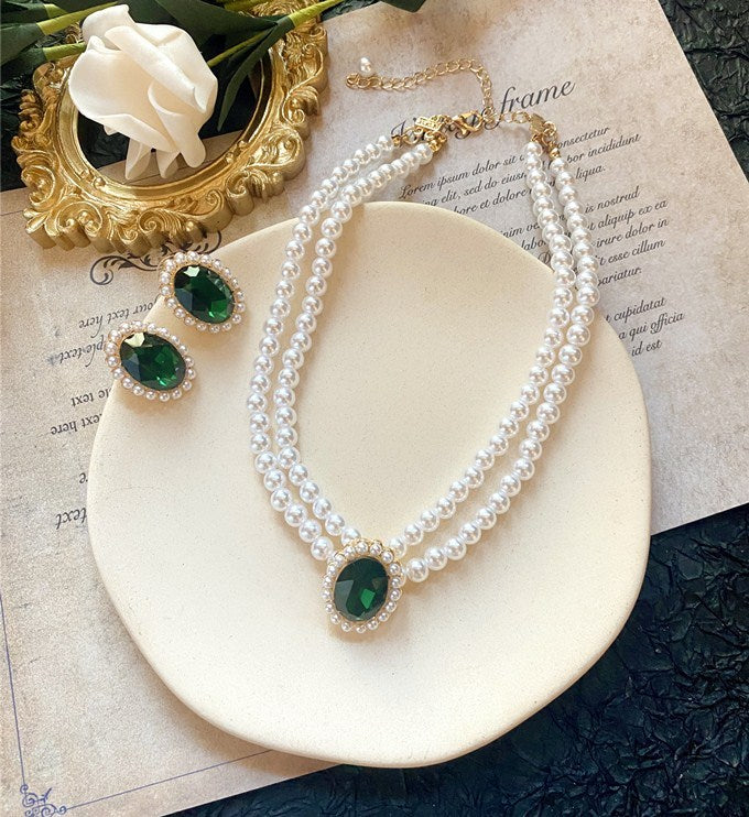 Vintage Oval Emerald Pearl Clavicle Chain Jewelry Set