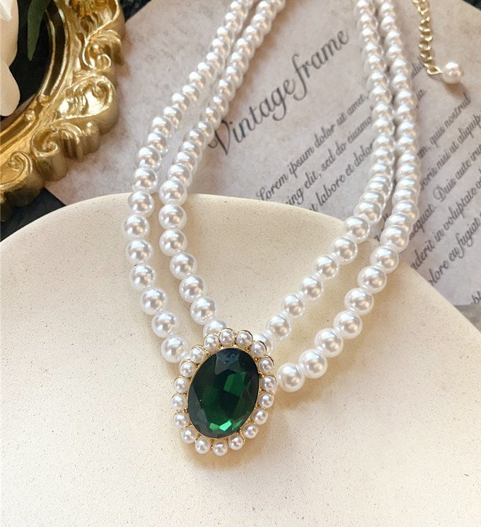 Vintage Oval Emerald Pearl Clavicle Chain Jewelry Set