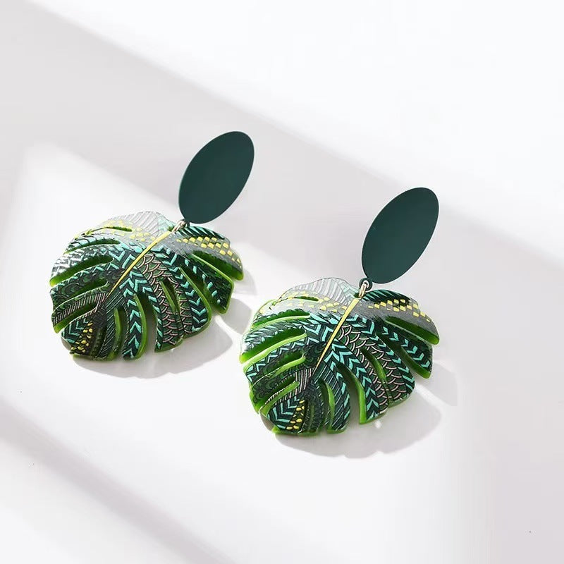 Green Palm Leaf Design Earrings
