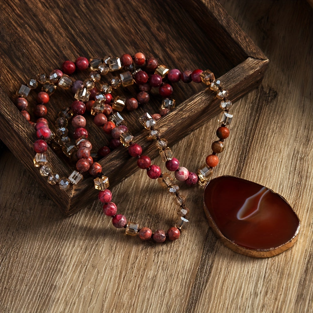 Bohemian Style 6mm Natural Stone Glass Knotted Striped Agate Water Drop Pendant Necklace