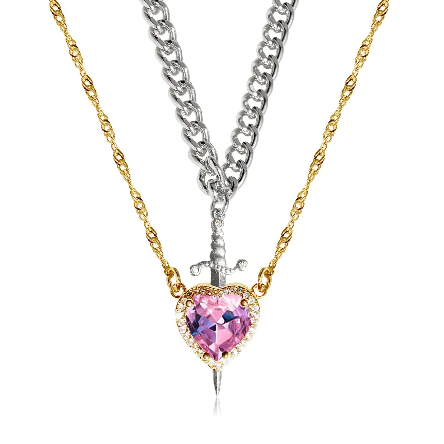 Crystal Heart and Sword Necklace Set (Stainless Steel)