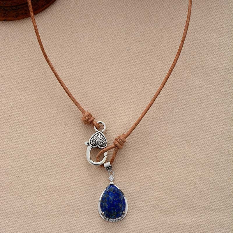 Simple Retro Lapis Lazuli Water Drop Pendant Cowhide String