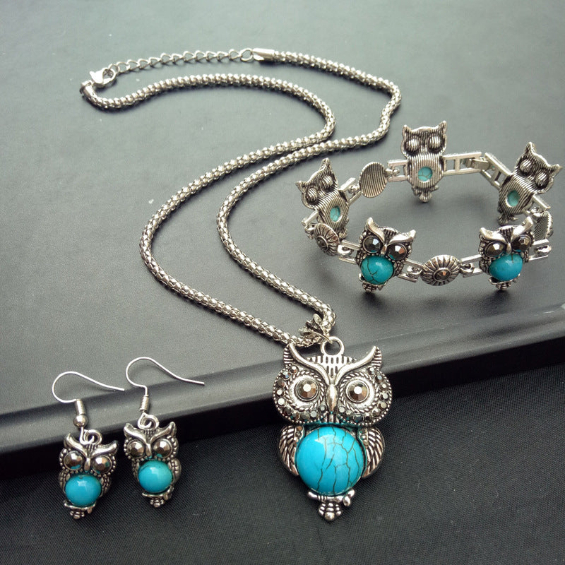 Vintage Turquoise Owl Necklace Earrings Bracelet (3-Piece Jewelry Set)
