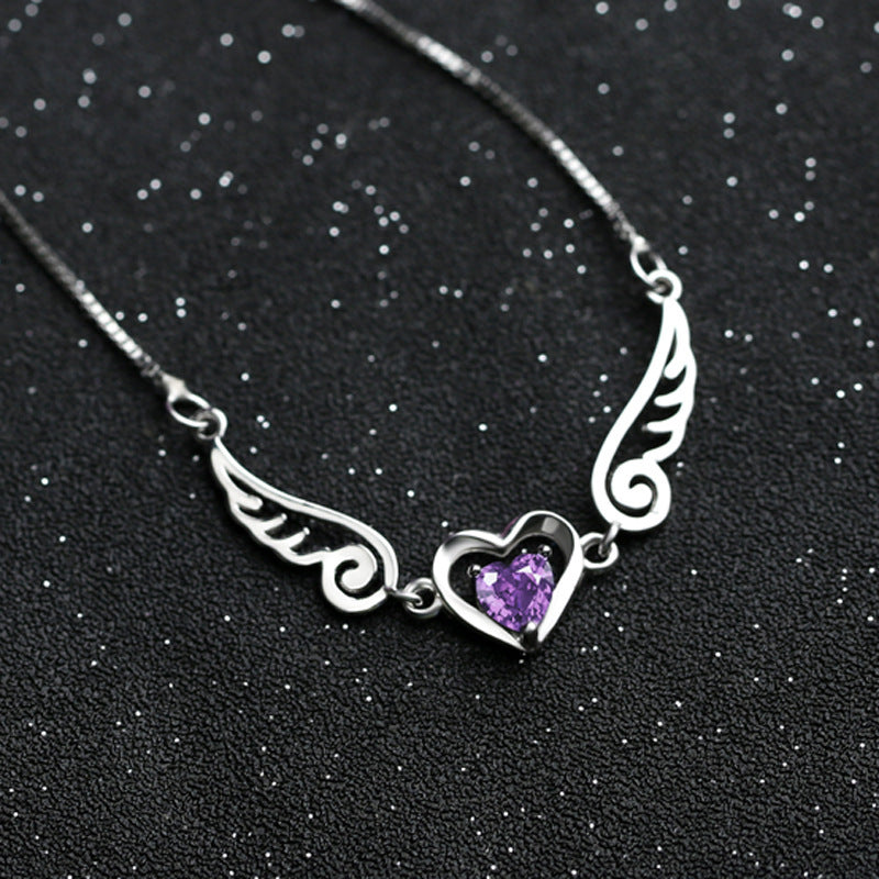 Angel Wings Romantic Purple Crystal Heart Necklaces