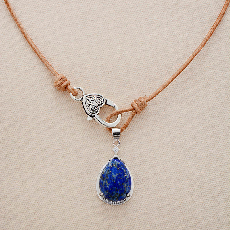 Simple Retro Lapis Lazuli Water Drop Pendant Cowhide String