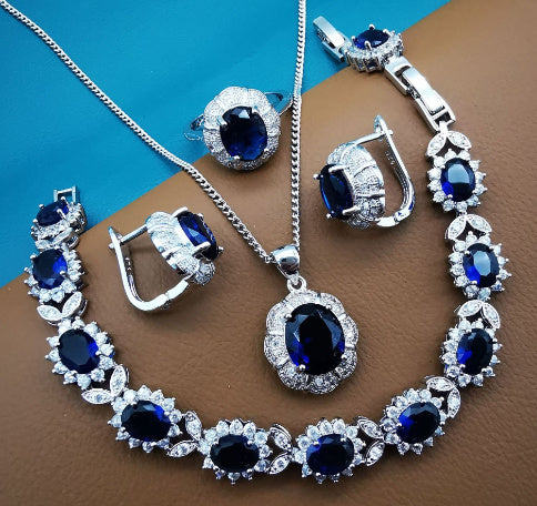 Silver 925 Women Bridal Jewelry Set (Blue Zirconia Costume)