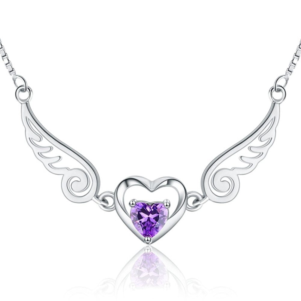 Angel Wings Romantic Purple Crystal Heart Necklaces