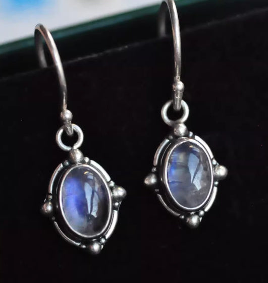 Natural Moonstone Earrings Blue Light Retro Compact
