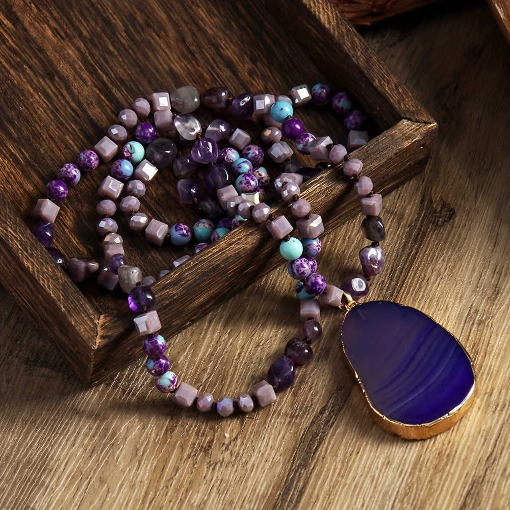 Bohemian Style 6mm Natural Stone Glass Knotted Striped Agate Water Drop Pendant Necklace