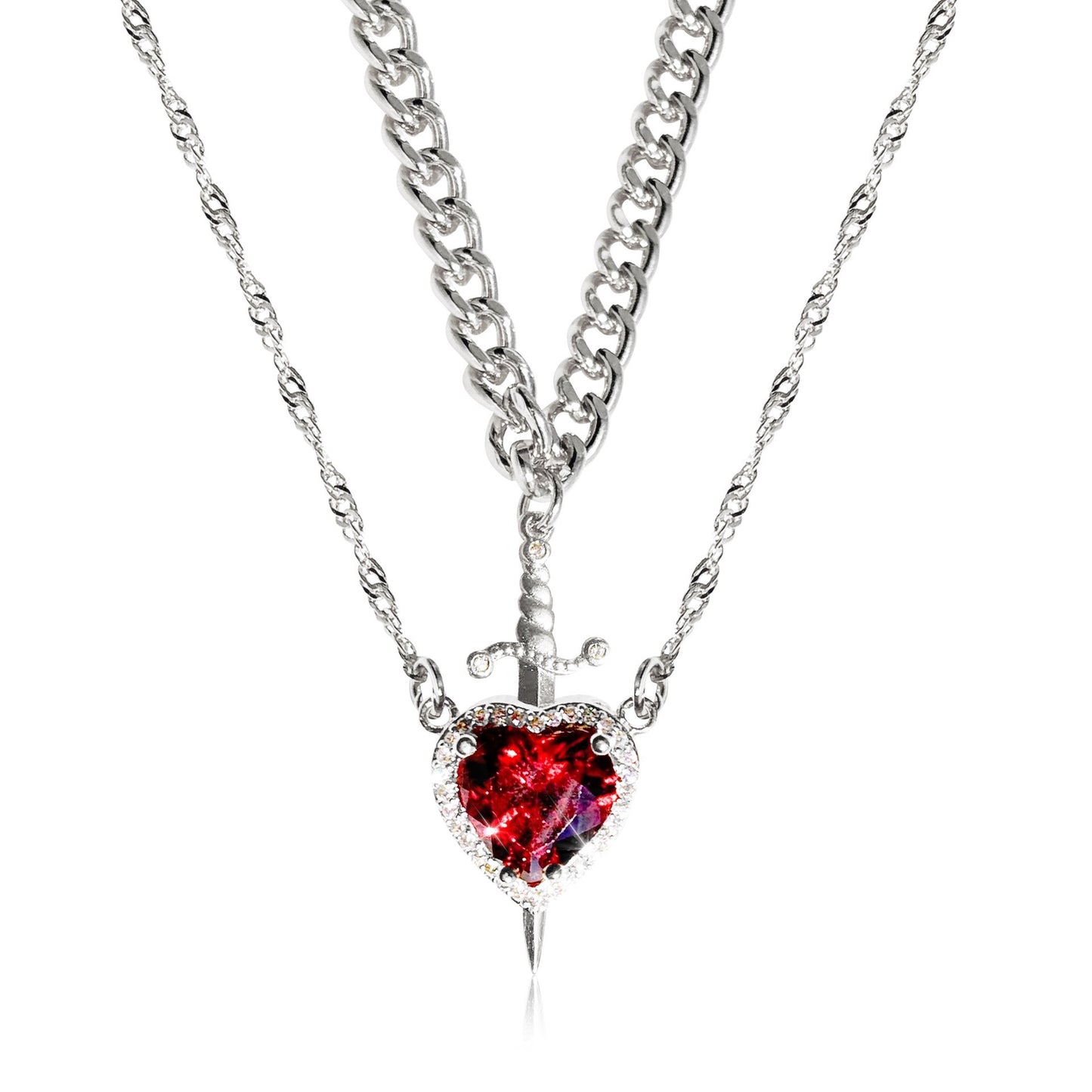 Crystal Heart and Sword Necklace Set (Stainless Steel)