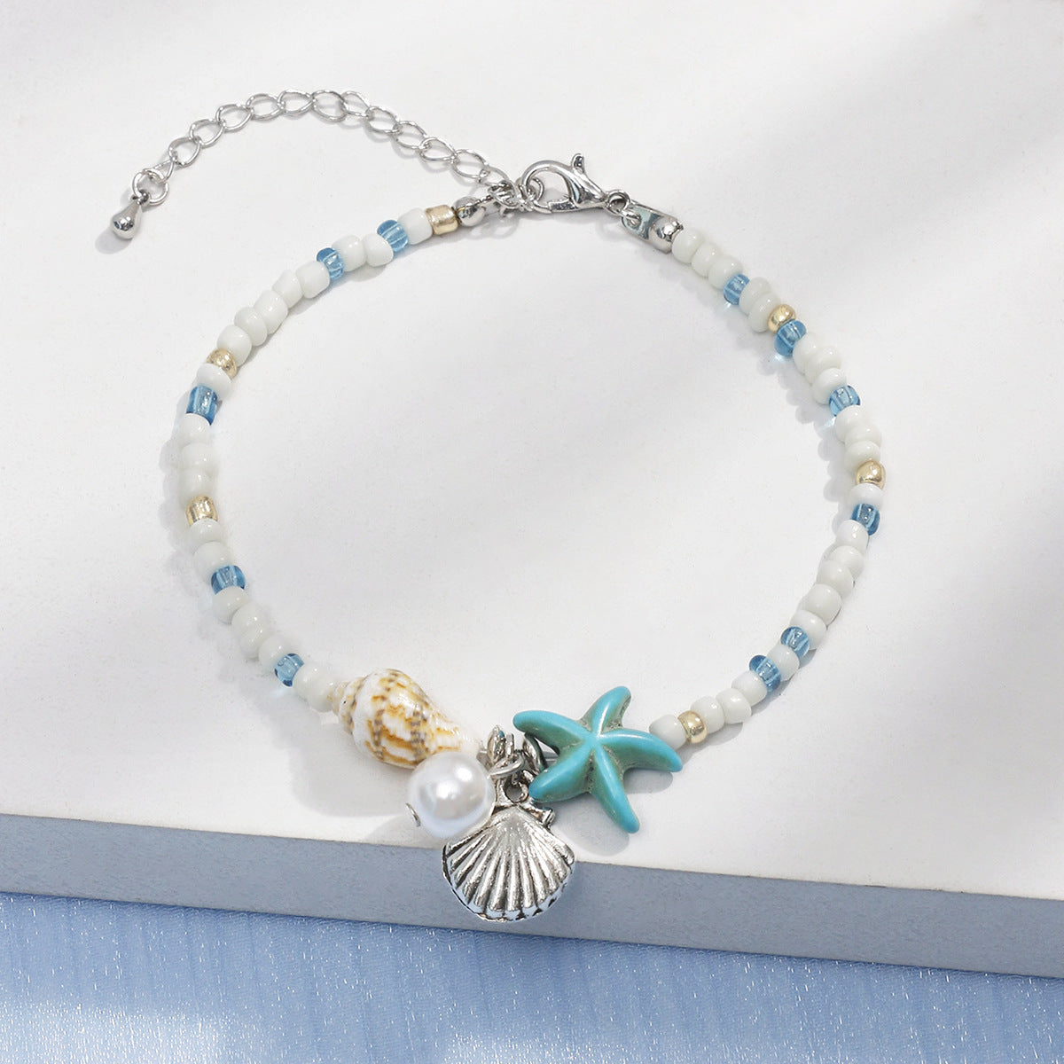Starfish Woven Beach Shell Conch Bead Bracelet