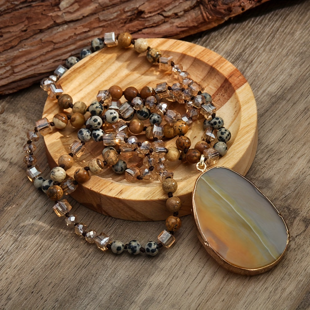 Bohemian Style 6mm Natural Stone Glass Knotted Striped Agate Water Drop Pendant Necklace