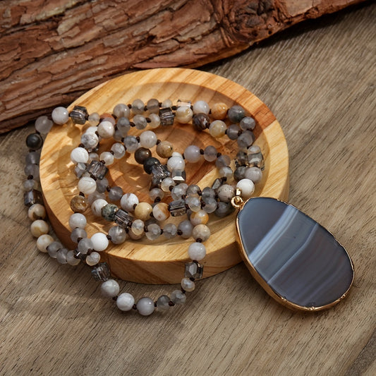 Bohemian Style 6mm Natural Stone Glass Knotted Striped Agate Water Drop Pendant Necklace