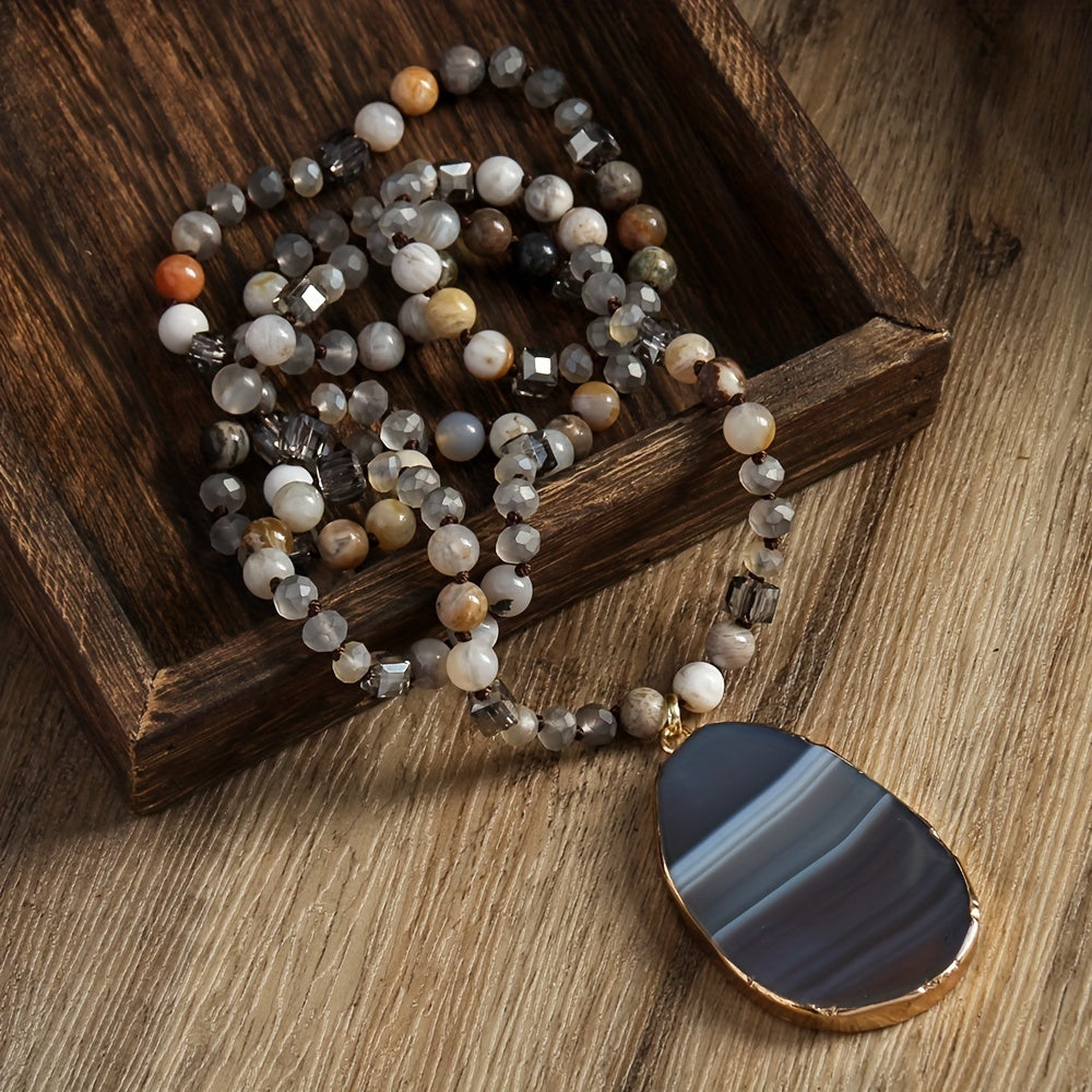 Bohemian Style 6mm Natural Stone Glass Knotted Striped Agate Water Drop Pendant Necklace