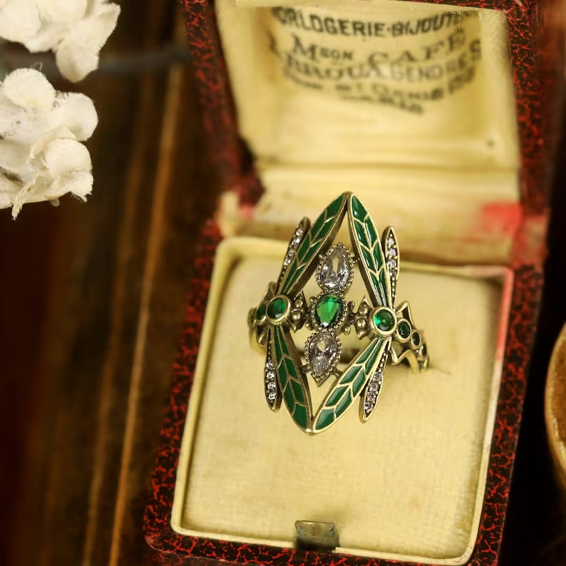 Dragonfly Wide Face Gemstone Women's Vintage Jewelry Ring