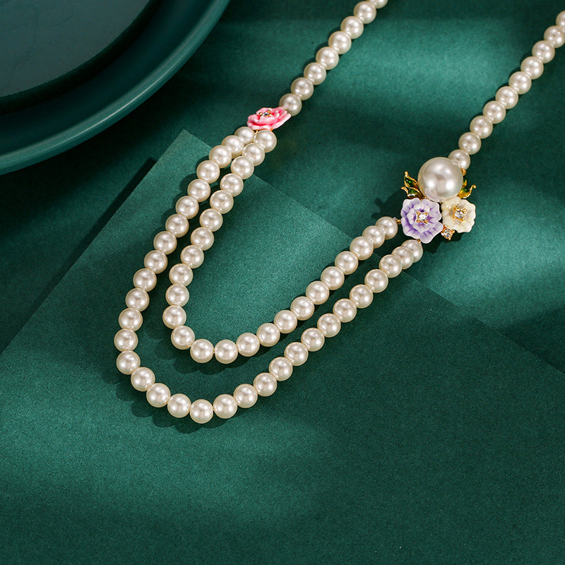 Enamel Glaze Diamond Double-Layer Pearl Necklace