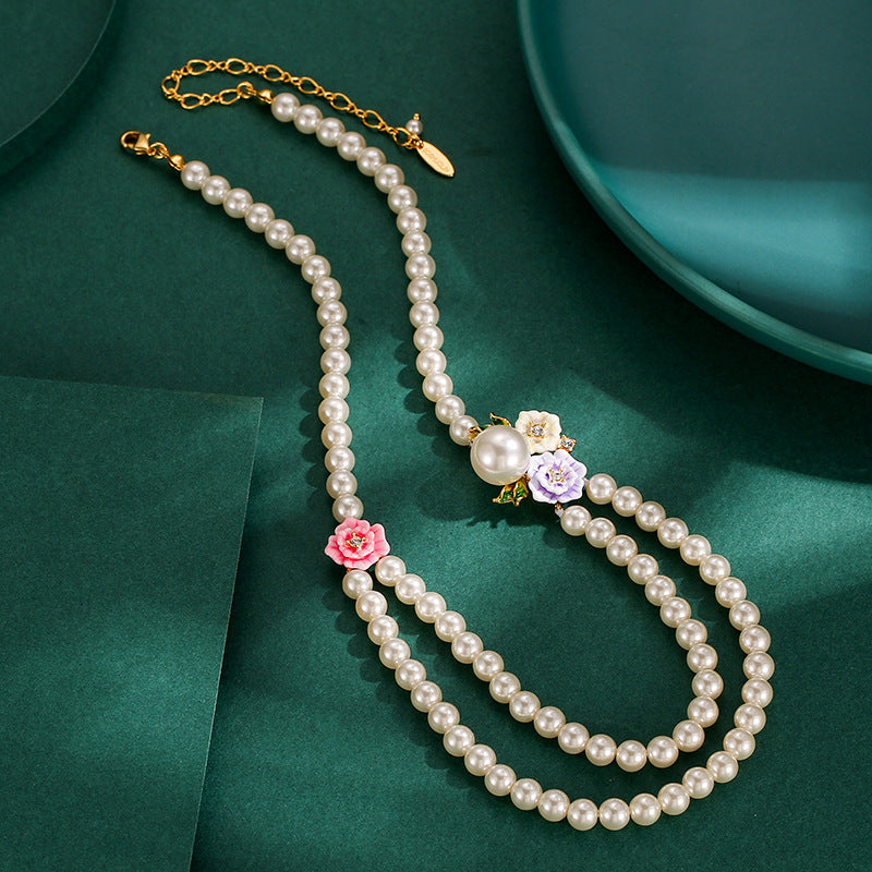 Enamel Glaze Diamond Double-Layer Pearl Necklace