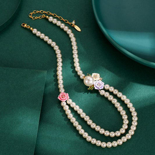 Enamel Glaze Diamond Double-Layer Pearl Necklace
