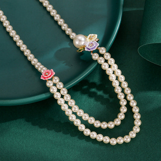 Enamel Glaze Diamond Double-Layer Pearl Necklace