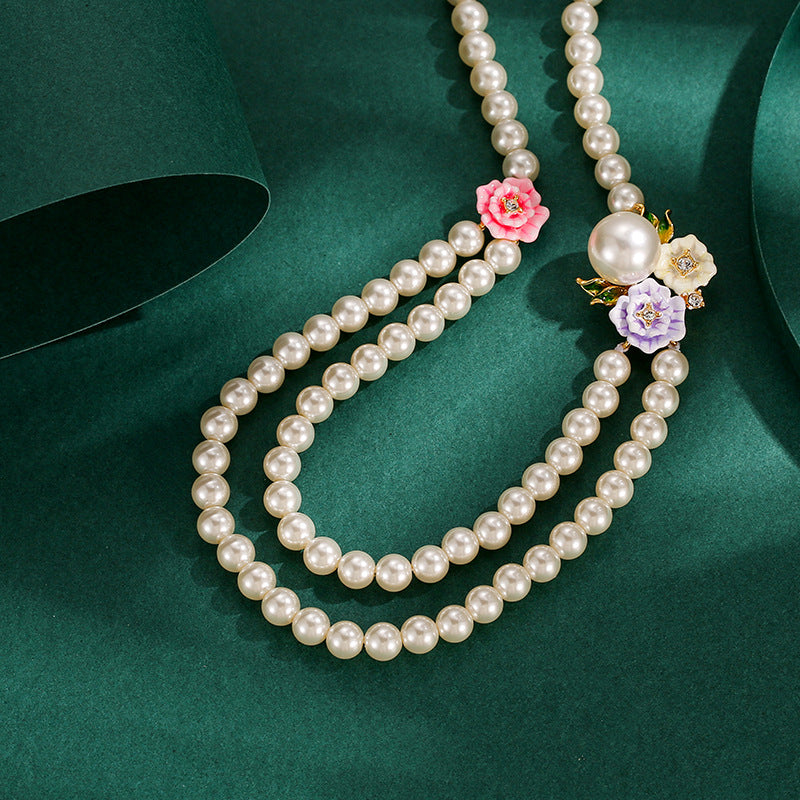 Enamel Glaze Diamond Double-Layer Pearl Necklace