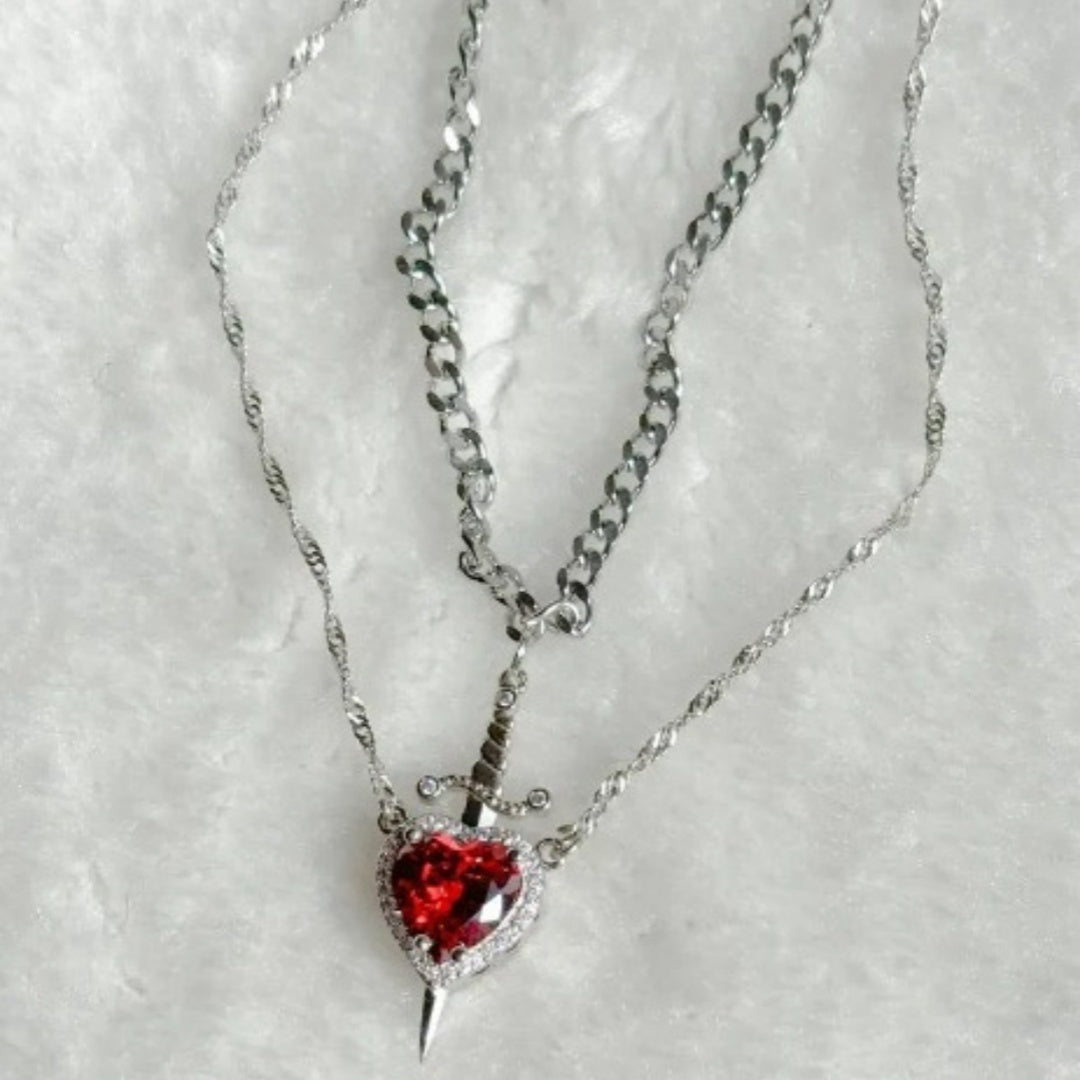 Crystal Heart and Sword Necklace Set (Stainless Steel)