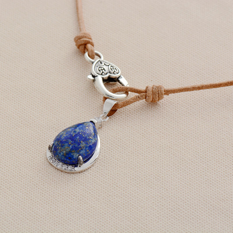 Simple Retro Lapis Lazuli Water Drop Pendant Cowhide String