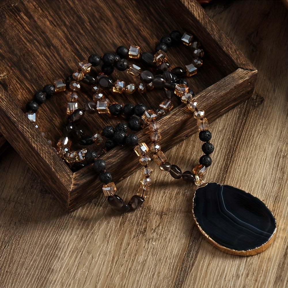 Bohemian Style 6mm Natural Stone Glass Knotted Striped Agate Water Drop Pendant Necklace