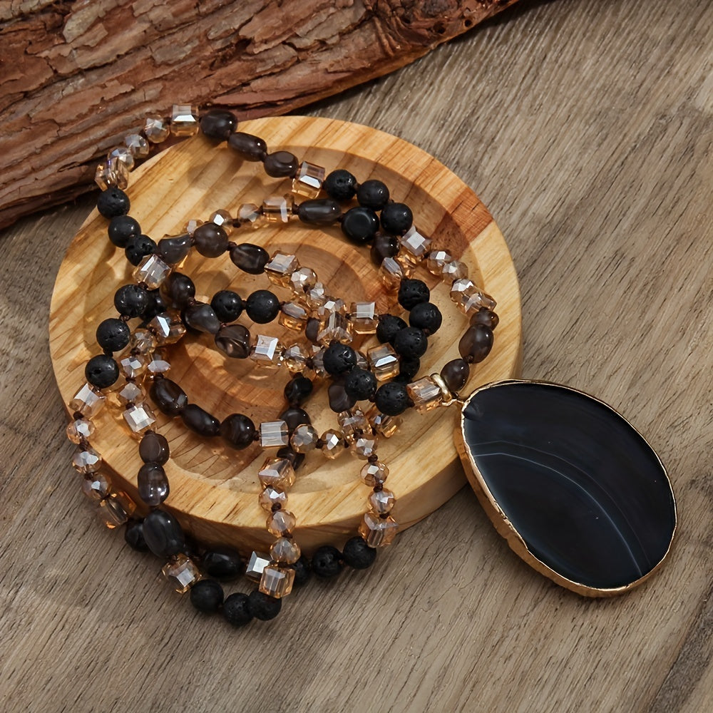 Bohemian Style 6mm Natural Stone Glass Knotted Striped Agate Water Drop Pendant Necklace