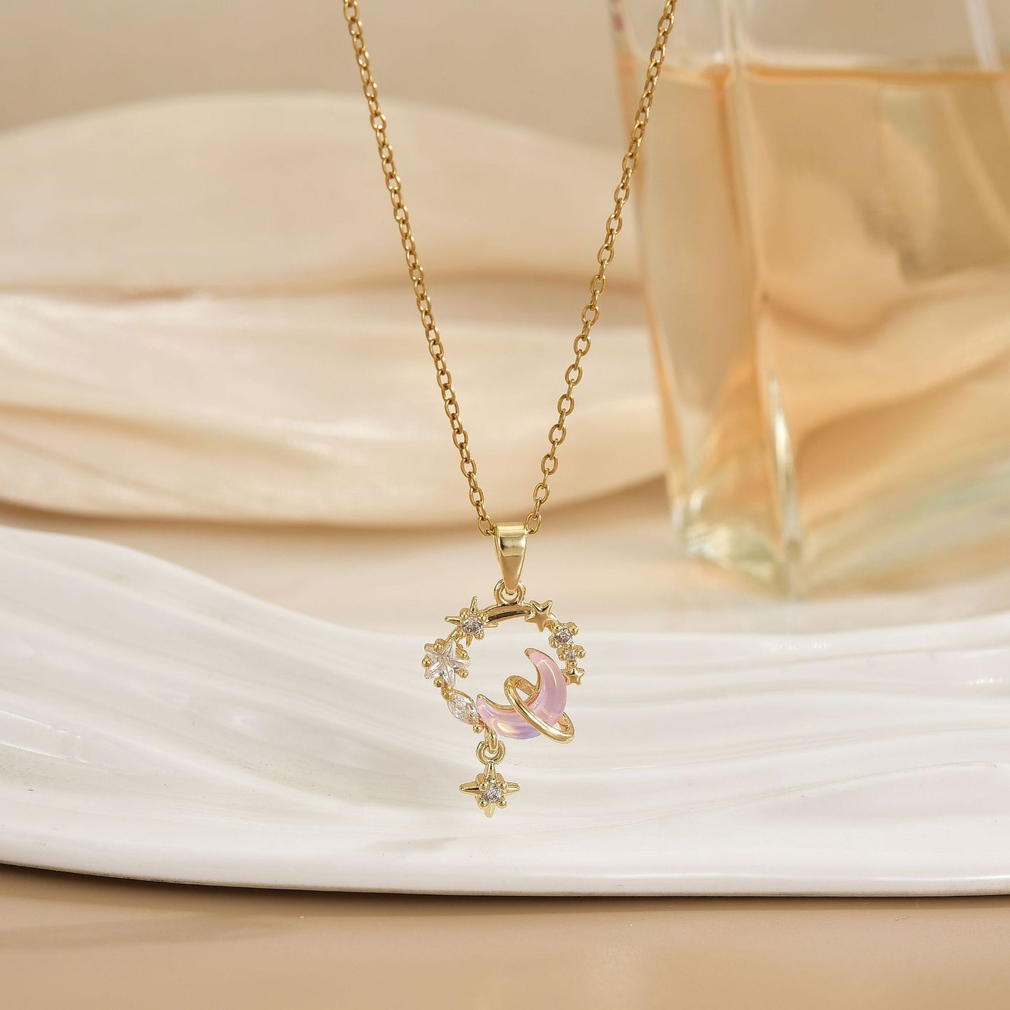 Micro Zirconium Moon Ring Necklace