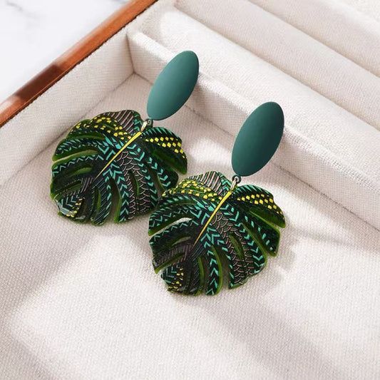 Green Palm Leaf Design Earrings