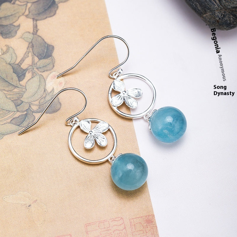 S925 Silver Fashion Flower Aquamarine Earrings