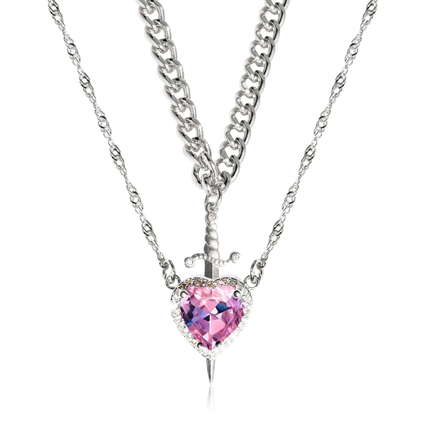 Crystal Heart and Sword Necklace Set (Stainless Steel)