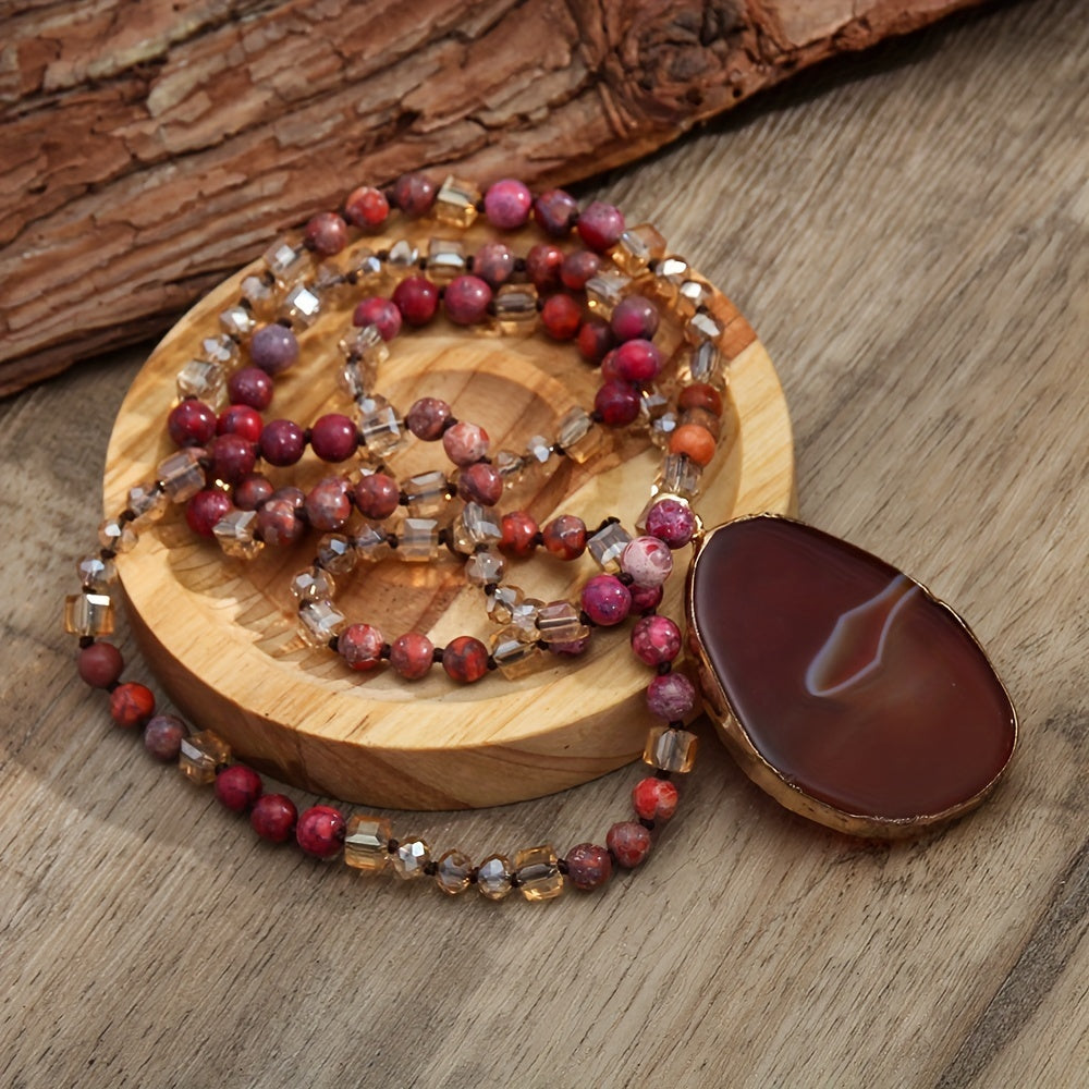 Bohemian Style 6mm Natural Stone Glass Knotted Striped Agate Water Drop Pendant Necklace